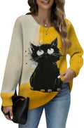 Women's Cat Printed Sweater Oversized Cable Knit Long Sleeve Christmas Clothes Casual Autumn Winter Fashion Tops