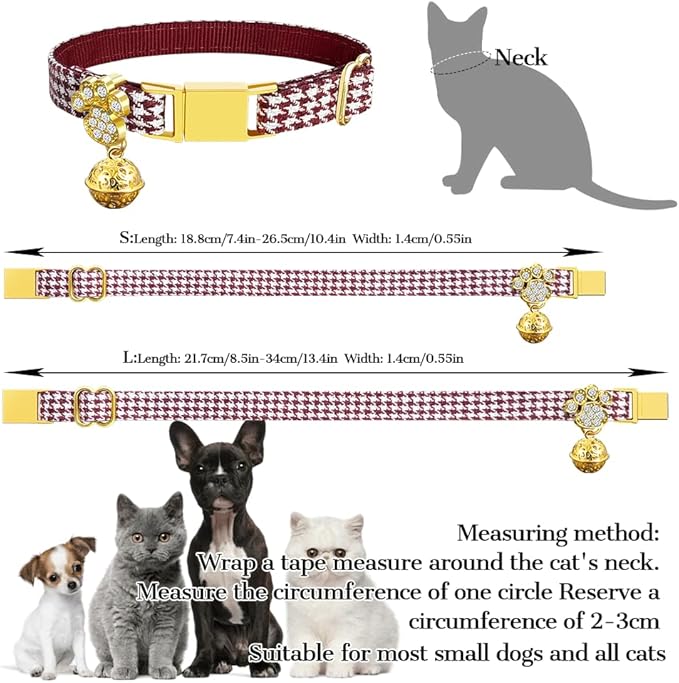 Personalized Breakaway Cat Collars - Magnetic Buckle, Bell - Safety Quick Release, Customized for Girls & Boys Cats- (Houndstooth-Burgundy)
