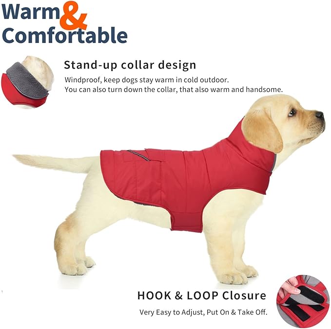 Dog Coat, Waterproof Dog Winter Jacket with Pocket, Reflective Adjustable Pet Snow Vest, Warm Cozy Fleece Sweater for Small Medium Extra Large Dogs - Red, XS