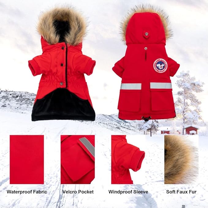 PINA Small Dog Coats - Waterproof & Windproof Dog Jacket with Pocket, Warm Flannel Lining & Faux Fur Hood for Cold Weather