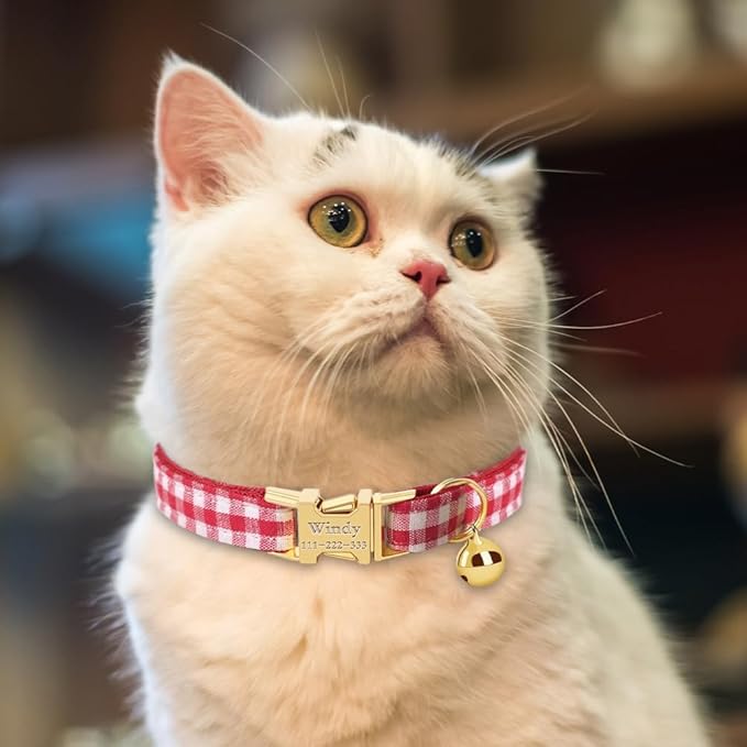 Personalized Cat Collar with Name Plate,Adjustable Tough Nylon Cat ID Collars with Bell,Customize Engraved Pet Name and Phone Number (Plaid Style C)