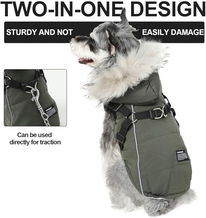 PINA Dog Winter Coat - Waterproof Jacket with Faux Fur Hood, Reflective Strap for Small to Large Dogs, Green, 2XL