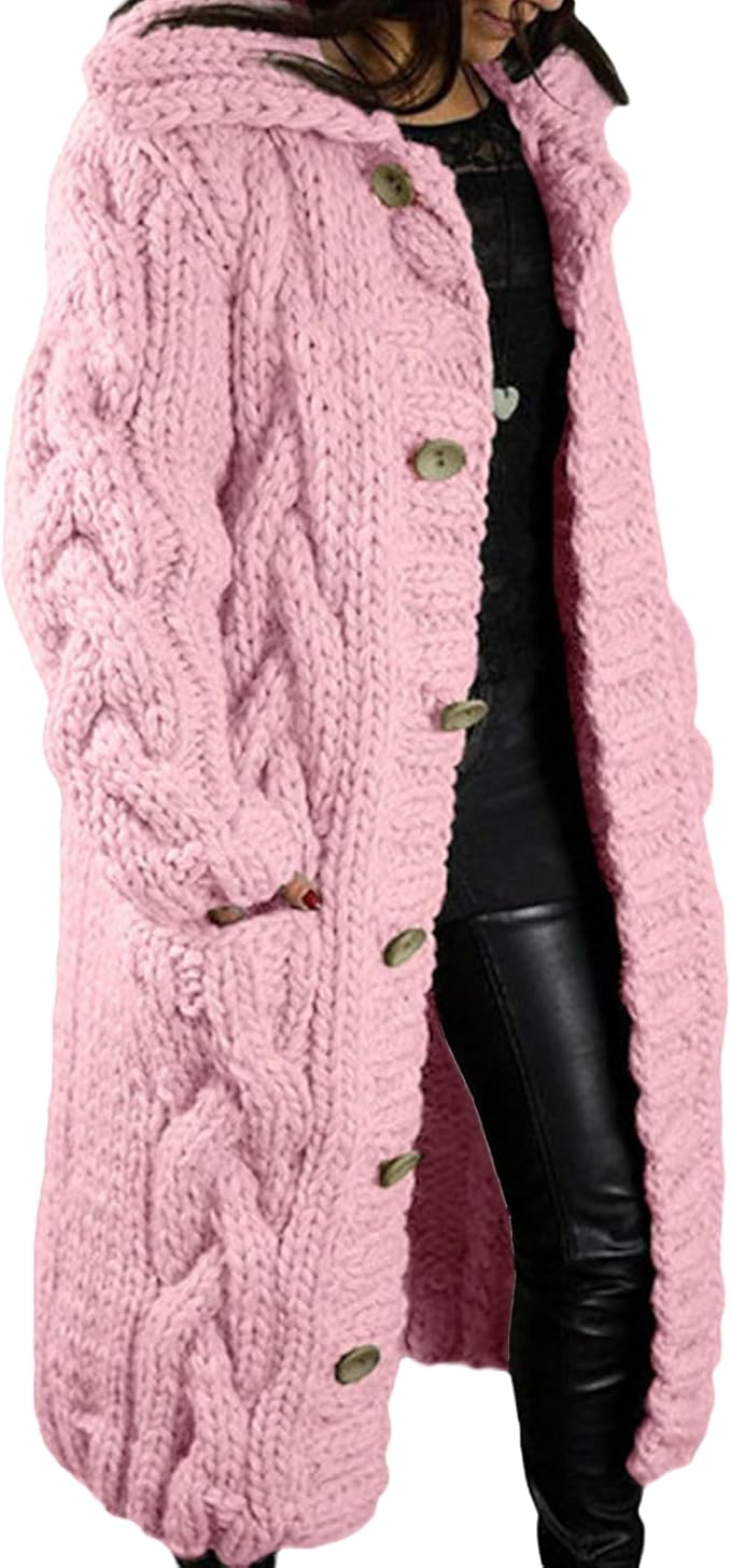 LOAIHA Women Chunky Cable Knit Long Sleeve Cardigan Fall Winter Trendy Oversized Button Down Sweaters Outerwear with Pocket