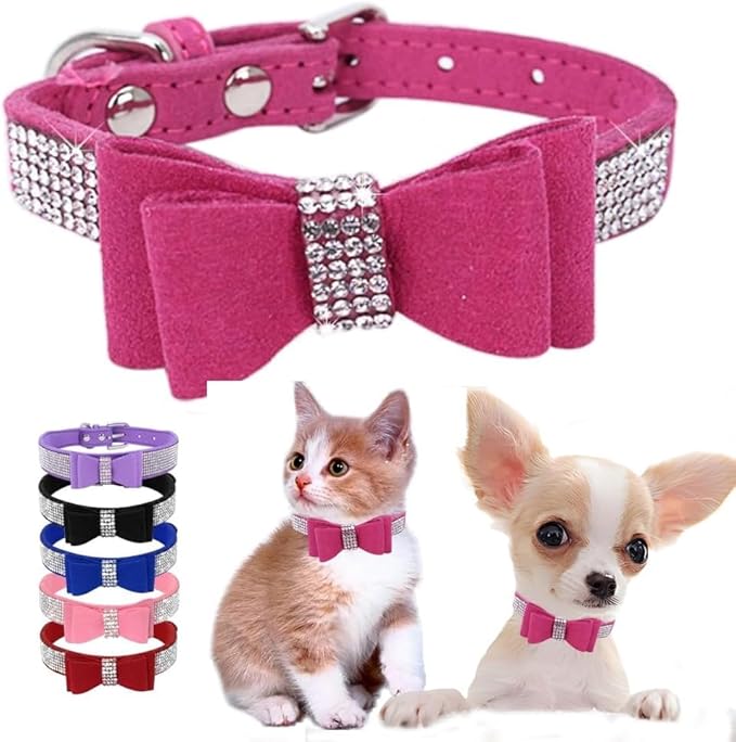 Serijoars Small Dog Collar with Rhinestone Crystal Diamond Colorful Bling Girl Puppy Cat Collars (S, Hot Pink1)