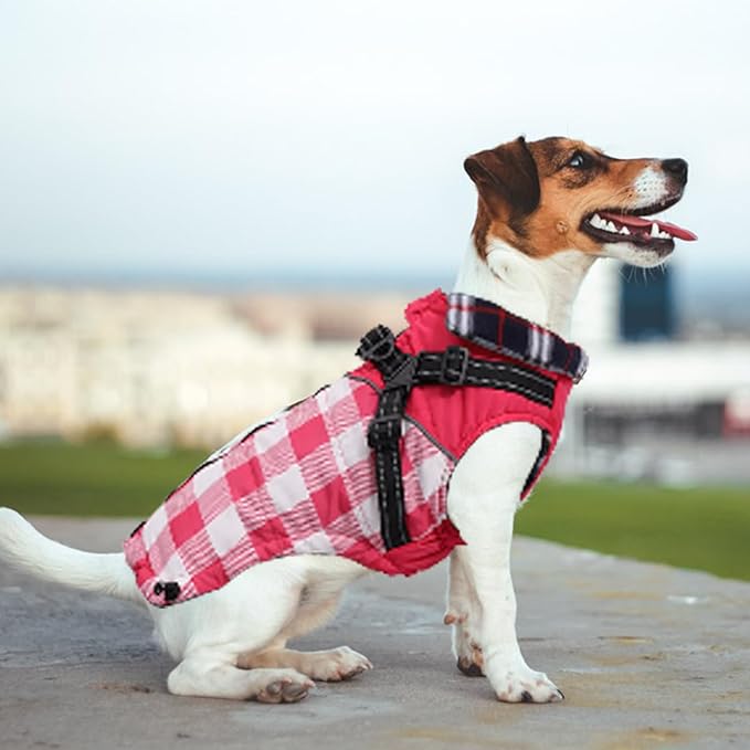 Dog Coat with Harness,Small Dog Winter Coat,Doggie Jackets with Built in Harness,Adjustable Warm Jacket for Medium Large Dogs,Pet Puppy Cold Weather Coats for Dogs Waterproof (PlaidPink, Medium)