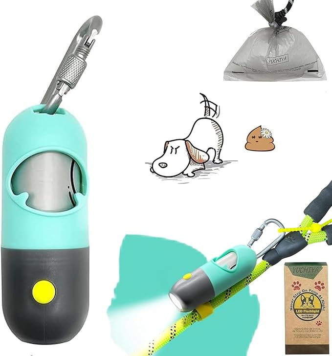 Dog Poop Bag Holder Dispenser with LED Flashlight - Night Visibility for Safe Evening Walks | Upgraded Hands-Free Leash Clip | Includes 15 Dog Waste Bags(Green)