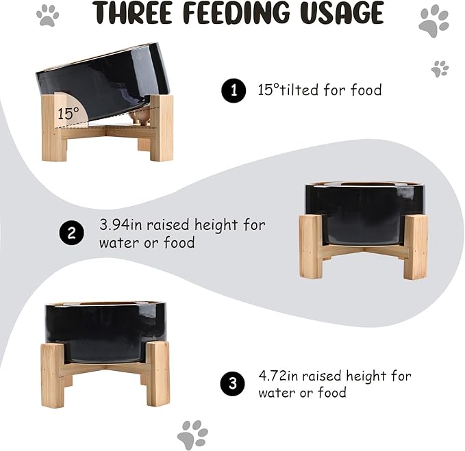 SPUNKYJUNKY 15° Slanted Ceramic Dog and Cat Bowl with Wooden Stand, Tilted Bulldog Food and Water Bowl No Slip Non-Spill for Cats Medium Dogs Big Face Pets 28.7 OZ (3.6 Cups, Starry Blue)