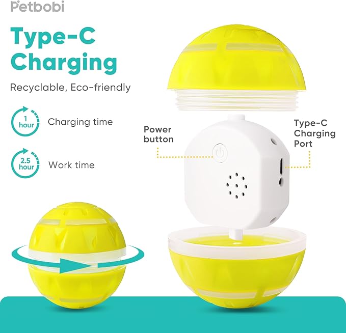 Petbobi Active Rolling Ball for Dogs - 2025 New Upgrade 2 Modes Interactive Dog Toys, USB Rechargeable Motion Activated Self Moving, Durable Pet Ball for Small Medium Large Breeds, LED Light, Yellow