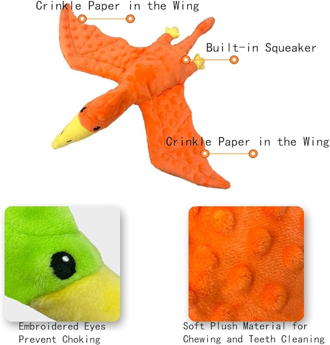 Squeaky Dog Toys Plush Dog Toy with Crinkle Paper Stuffed Durable Dog Chew Toys for Small Middle and Large Dogs Pterodactyl Hot Pink