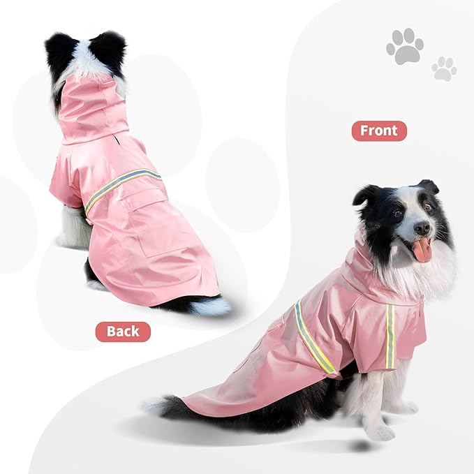 Dog Raincoat, Waterproof Windproof Dog Rain Jacket Adjustable, Rain Coat with Leash Hole, Reflective Strap Raincoat Poncho for Small Medium Large Dogs Outdoor (Reflection-Pink, Large)