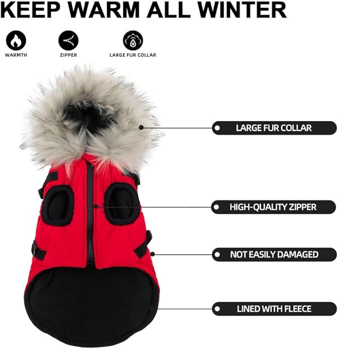 PINA Winter Coat with Waterproof Fabric, Warm Dog Jacket with Faux Fur Hood, Reflective Strap for Small to Large Dogs, Red, M
