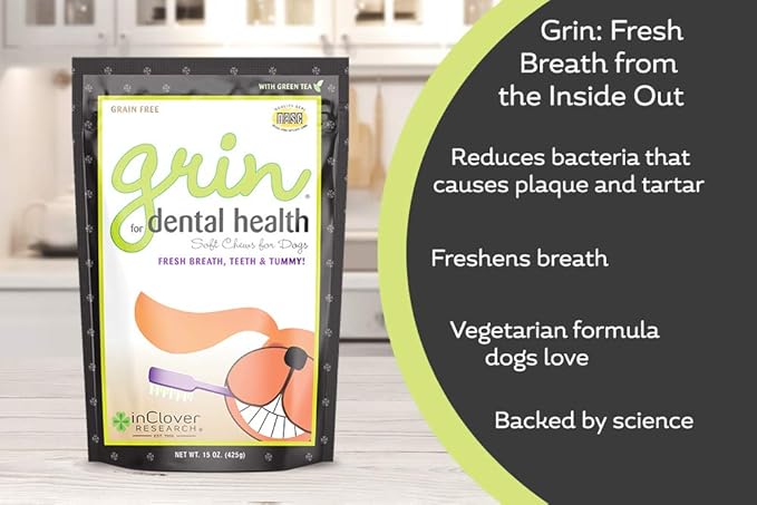 In Clover Grin Daily Dental Care Chews for Dogs, Grain Free Formula for Clean Teeth and Fresh Breath, Scientifically Formulated, Stop Plaque and Tartar with Antibacterials and Prebiotics, 4oz/25ct