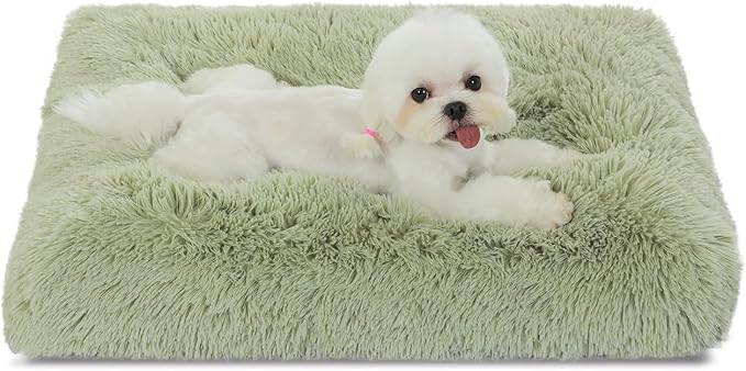 Bedfolks Waterproof Dog Crate Pad, Plush Dog Kennel Bed with Removable Cover, Faux Fur, Washable, 23"x18", Sage Green