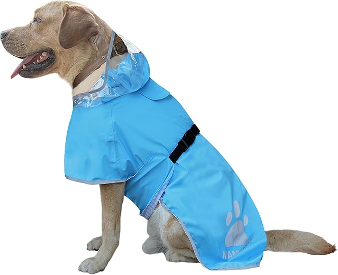 Waterproof Dog Raincoat, Reflective Adjustable Hooded Dog Rain Coat, Lightweight Breathable Pet Rain Jacket Poncho Double Layer with Leash Hole for Small Medium Large Dogs (Blue, XX-Large)