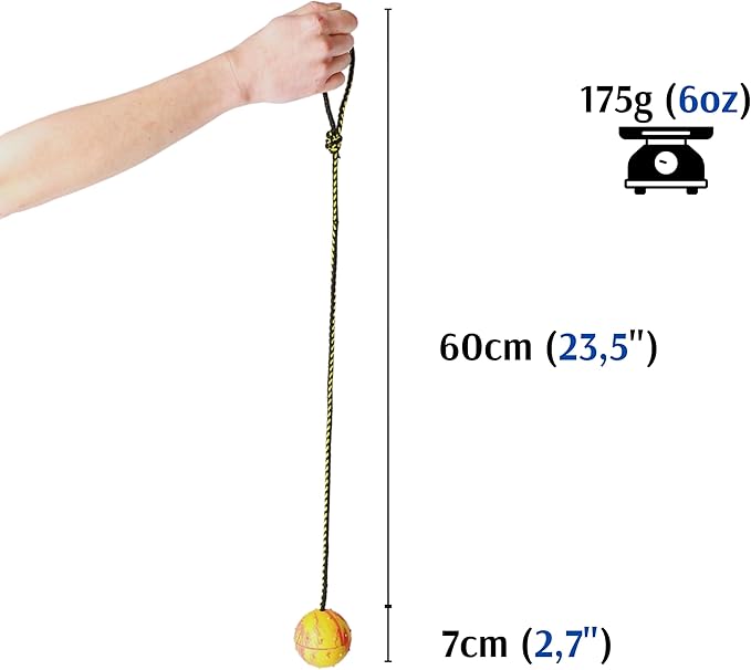 Dingo Nubby Dog Ball - Fully Rubber-Filled, with 60 cm Long Rope - Suitable for Fetching, Dog Sports, Agility, Playtime - Medium Size - Random Colour