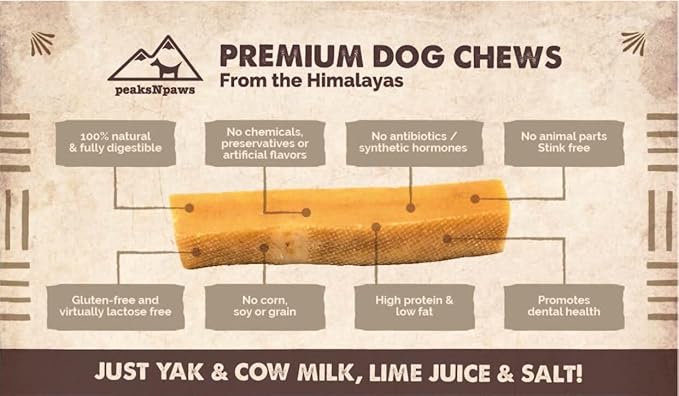 peaksNpaws Yak Cheese, High Protein, Himalayan Dogs Chews, Natural Dog Treats, Lactose Free, Long Lasting Dogs Treat for Aggressive Chewers Under 35 lbs 3 Medium Chew Sticks