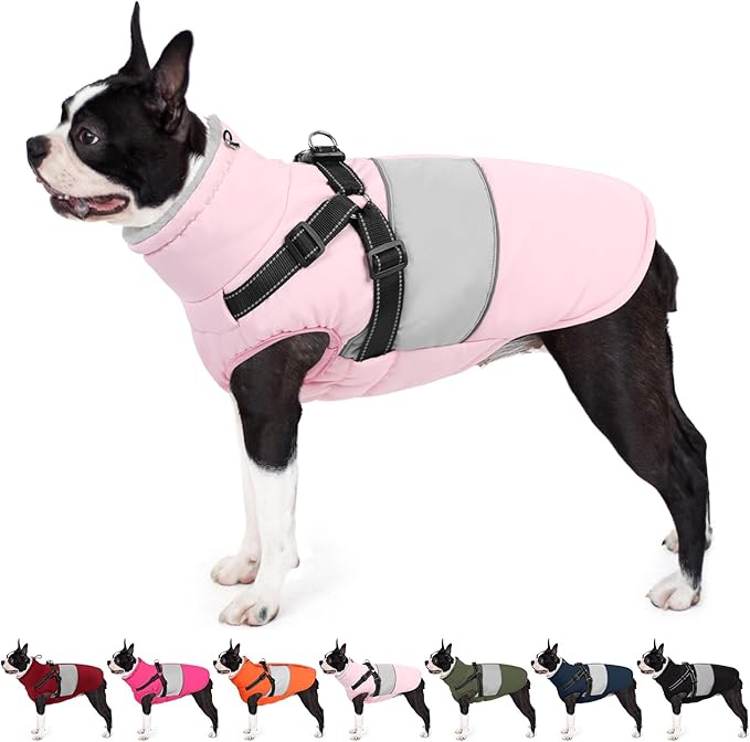 AOFITEE Dog Coat, Waterproof Dog Jacket Winter, Dogs Coat with Harness Built in, Warm Dogs Puffer Jacket with Zipper, Reflective Pet Snowsuit Sweater for Dachshund, French Bulldog, Boston Terrier, M