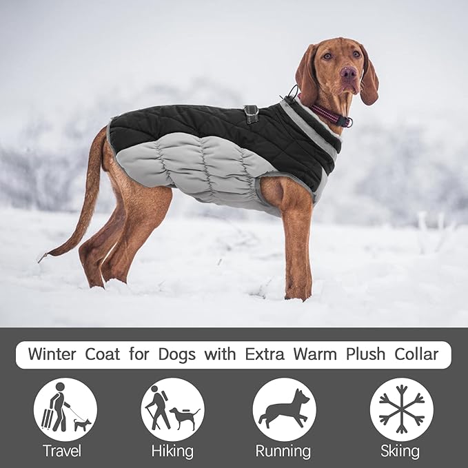 FUAMEY Dog Coat for Large Dogs,Waterproof Dog Winter Jacket with Harness Built in Puppy Cold Weather Coats Reflective Pet Vest with Zipper Warm Fleece Dogs Snowsuit Windproof Black L