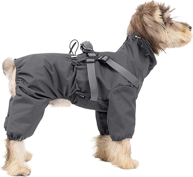 BRKURLEG Dog Raincoat with Harness for Small and Medium Dogs, Adjustable Waterproof Dog Rain Jacket, Reflective Rainproof Puppy 4 Legs Raincoat, Full Body Pet Rain Jacket, Dark Grey, XXXL