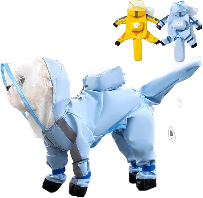 Small Dog Raincoat with Legs, Ideal for Teddy Bears, Waterproof Full Coverage with Mini Backpack, Reflective Hoodie and Detachable Tail (Blue, Medium(Suggest Weight 5.5-8.8lb))