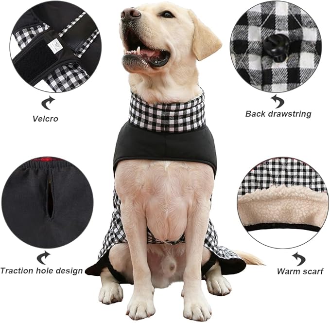 Dog Jackets for Winter, Reversible Dog Coat Windproof Waterproof Jackets for Cold Weather, British Style Plaid Coats Warm Vest for Small Medium Large Dogs (Black, 4XL)