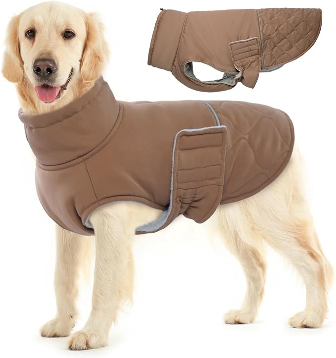 BRKURLEG Dog Winter Coat, Warm Dog Jackets for Small and Medium Large Dogs, Reflective Adjustable Pet Cold Weather Coats, Waterproof Windproof Dogs Snow Jacket Clothes Warm Vest (XXXL, Khaki)