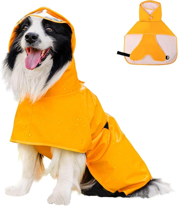 Dog Raincoat, Waterproof Windproof Dog Rain Jacket with Hood, Rain Coat with Leash Hole, Adjustable Raincoat Poncho for Small Medium Large Dogs Outdoor (Yellow, Large)
