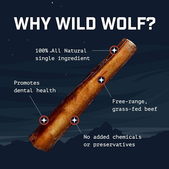 Wild Wolf 12-inch Angus Bully Sticks (8oz.) Healthy, All-Natural, Long-Lasting Dog Chew Bones - Low Odor - Mixed Thickness - Lab-Tested, Hand-Inspected and Packed with Love in The USA