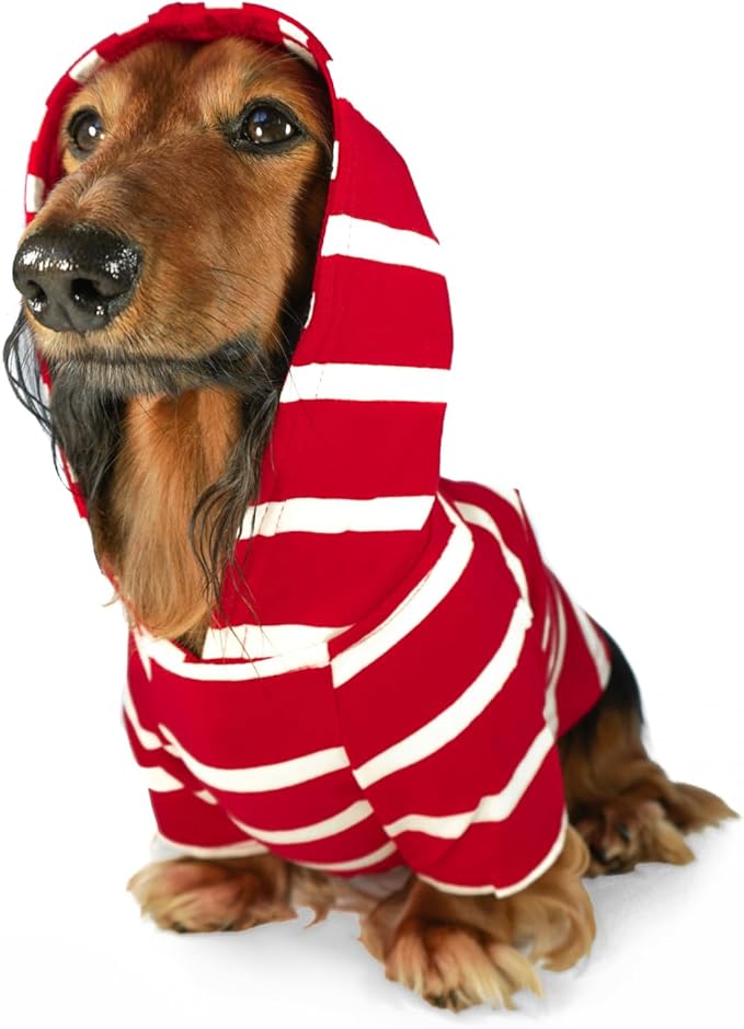 DJANGO Dog Hoodie – Warm, Lightweight, Soft & Stretchy Dog Sweater with Hood, Harness Hole & Elastic Waistband – Cozy Sweatshirt for Small Dogs up to 25 lbs, Dachshunds & Puppies – Crimson Red, Small
