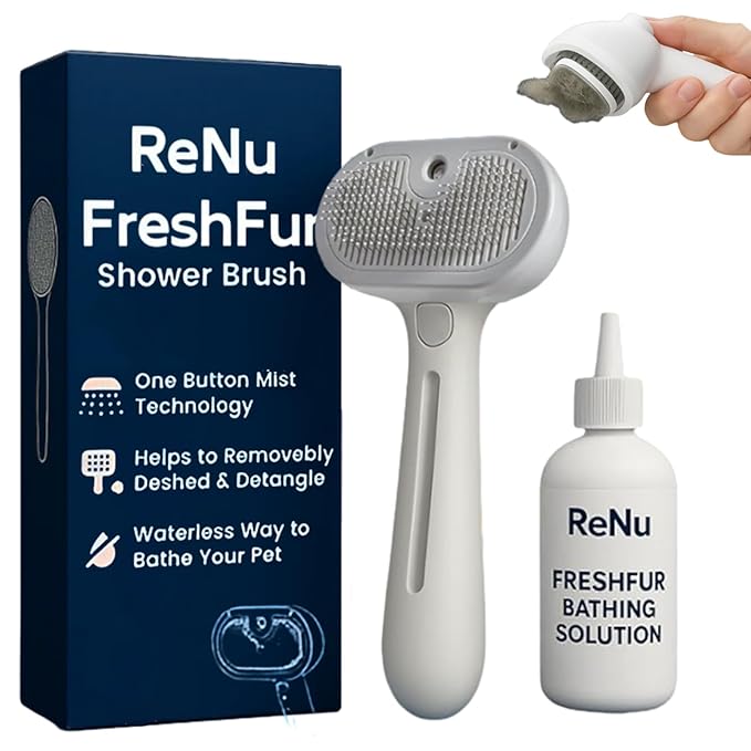 Dog Shower Brush, Freshfur Shower Brush + Bathing Solution, 3 in 1 Self Cleaning Steamy Pet Brushes, Dog Grooming Tool for Long & Short Hair, Removes Loose Hair Reduces Shedding (White)