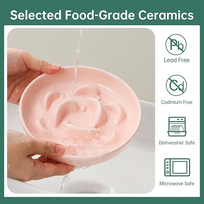 Ceramic Cat Slow Feeder Bowl - Pastel Series Cat Plate for Dry and Wet Food - Cute Maze Feeder Dish for Healthy Eating - Dishwasher Safe - 6.3''W x 1.2''H - 7 OZ - Light Pink