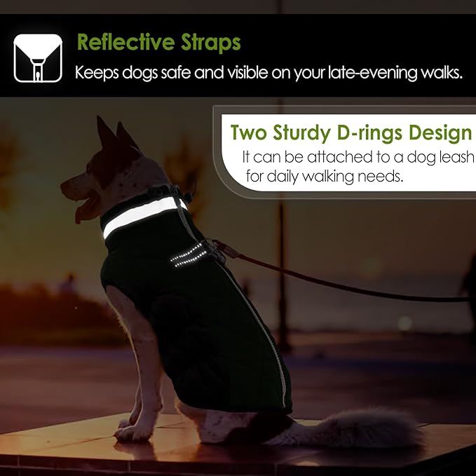 AOFITEE Dog Coat, Warm Dog Jacket, Reflective Winter Coats for Medium Dogs, Turtleneck Dogs Winter Jacket with Harness Built in, Waterproof Windproof Pet Fleece Vest Puffer Jacket, Green M