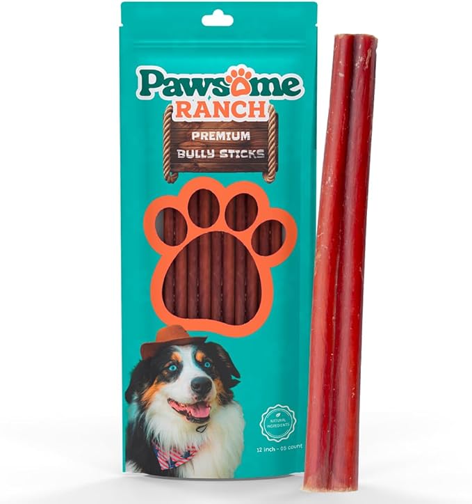 Bully Sticks 12" — 5 Count | Natural Single-Ingredient, Long-Lasting Dog Chews for Medium & Large Dogs; Dental Support, Power-Chewer Treats