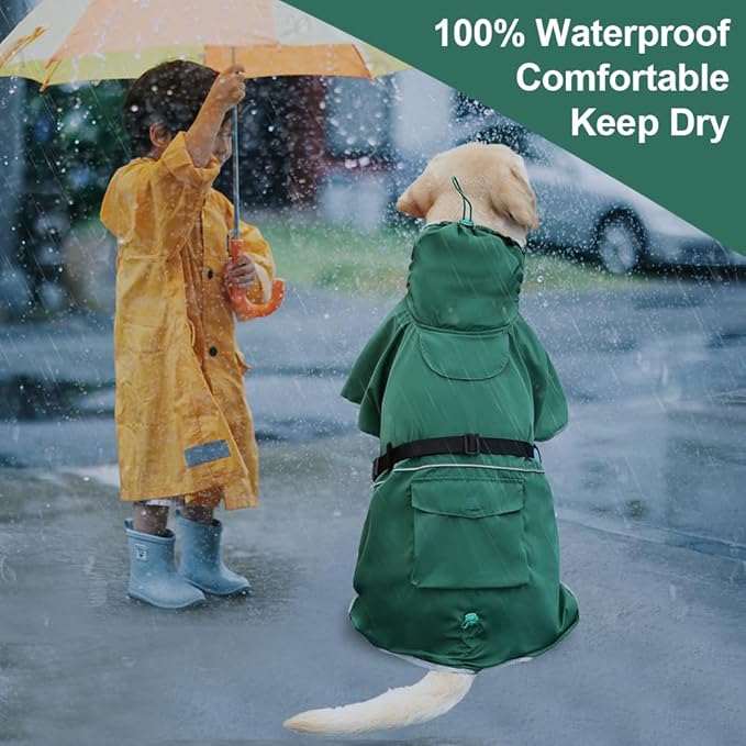Reflective Dog Raincoat Waterproof Adjustable Dog Hooded Poncho Raincoat for Medium Large Dogs, Lightweight Pet Rain Jacket (Green, XL)