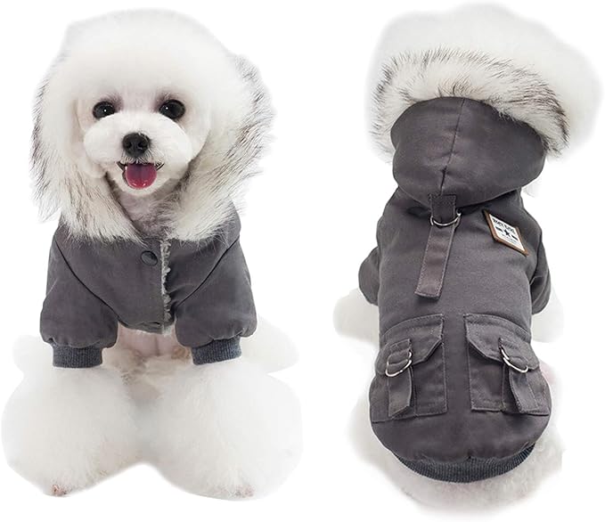 Warm Dog Hooded Trench Coat Windproof Parka Jacket for Cold Weather (M, Black Grey)