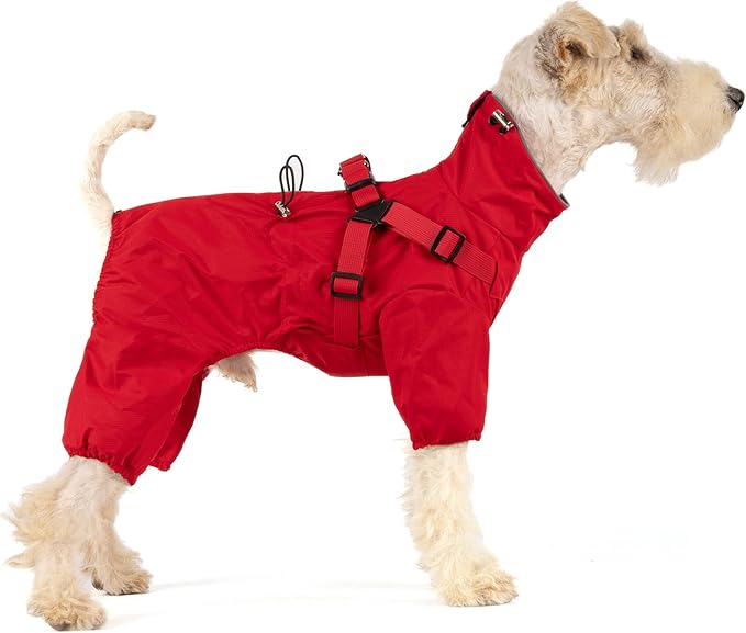 Mile High Life Waterproof Dog Raincoat, Full Coverage Small Dog Rain Coat with Harness, Adjustable 4 Legs Puppy Rain Jacket with Reflective Strip and Elastic Cuffs (Red, XS Back Length 11.4")