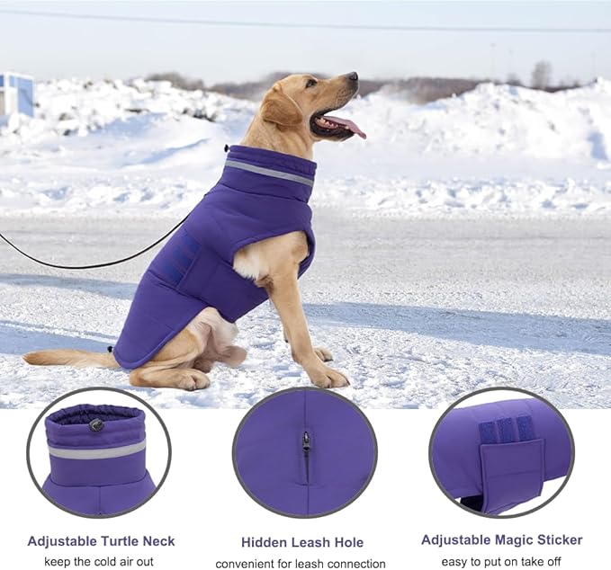 Dog Coat, Waterproof Winter Jacket, Warm Windproof Vest, Reflective Adjustable Turtleneck Coats for Large Dogs with Hook & Loop - Purple - XL