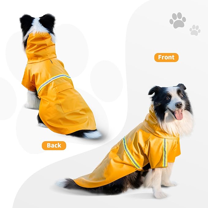 Dog Raincoat, Waterproof Windproof Dog Rain Jacket Adjustable, Rain Coat with Leash Hole, Reflective Strap Raincoat Poncho for Small Medium Large Dogs Outdoor (Reflection-Yellow, Large)