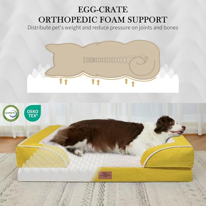 Comfort Expression Orthopedic Dog Bed for Large Dogs 36x27 Inch, Waterproof Egg Crate Foam Large Pet Bed with Removable Bolsters, Dog Couch with Washable Cover & Non-Slip Bottom, Spicy Mustard