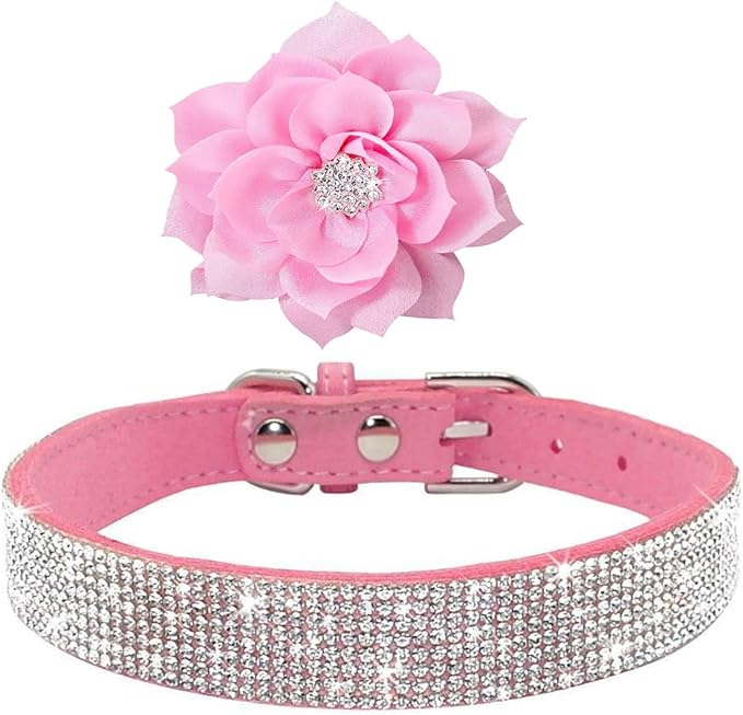 Serijoars Small Dog Collar with Rhinestone Crystal Diamond Colorful Bling Girl Puppy Cat Collars (L, Pink6)