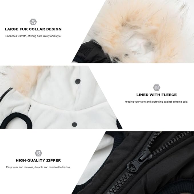 PINA Faux Fur Dog Coat - Warm Winter Jacket with Waterproof Fabric, Reflective Strap for Small to Large Dogs, Black
