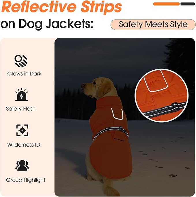 Extra Large Dog Coat, Warm Dog Winter Jacket, Waterproof Dogs Snowsuit with Foldable High Collar, Reflective Strips, Adjustable Hook & Loop Closure - Ideal for Cold Weather - Orange 4XL