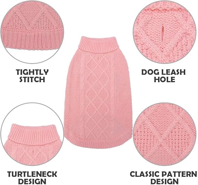 Mihachi Turtleneck Dog Sweater - Winter Coat Apparel Classic Cable Knit Clothes with Leash Hole for Cold Weather, Ideal Gift for Pet in New Year Flesh Pink Medium/Large