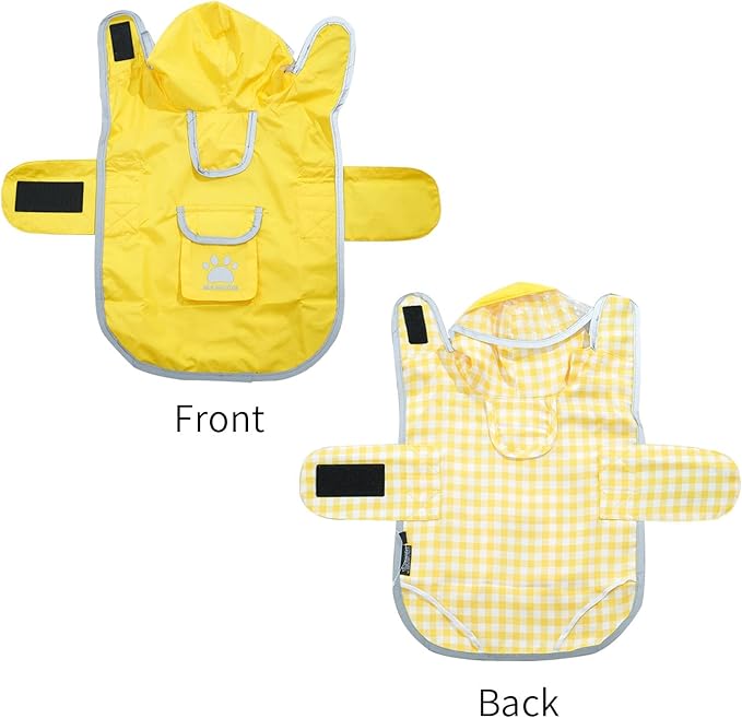 MAMORE Dog Raincoat Reversible,Waterproof Dog Rain Coat Hooded Slicker Poncho with Reflective Strip, Plaid Double Layer Rain Jacket for Small Medium Large Dogs (Yellow, X-Small)