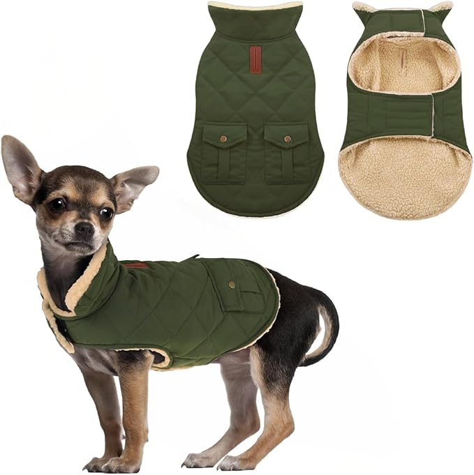ASENKU Warm Dog Winter Coat, Waterproof Dog Coat for Cold Weather, Fleece Dogs Jacket with Ultra Thick Plush Lining Leash Hole Storage Pockets for Medium Dogs (Green, Medium)
