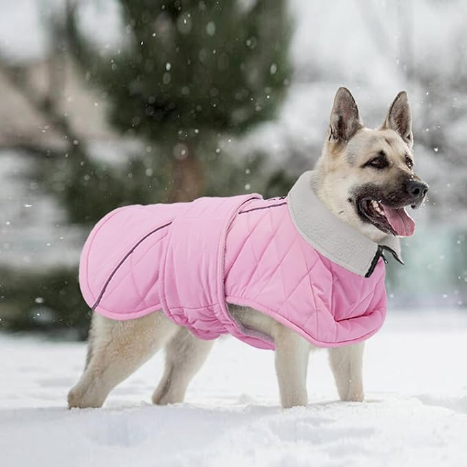 Kuoser Dog Coat, Extra Warm Dog Jacket Windproof Dogs Cold Weather Coats for Large Dogs, Fleece Lining Turtleneck Puppy Snowsuit Reflective Adjustable Pet Winter Clothes Christmas, Pink 2XL