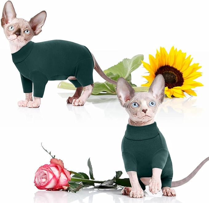 ROZKITCH Cat Coats for Cats Only, Breathable Soft Pet Jumpers for Hairless Cats Only, Coat with Four Legs, Warm Sweater T-Shirt Pajamas Jumpsuit Vest Cornish Rex Devon Rex Peterbald DarkGreen XS