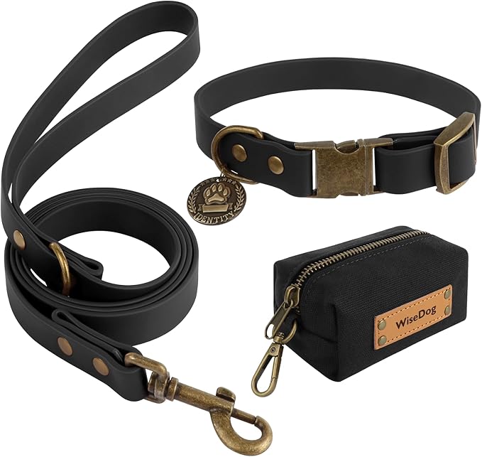 Wisedog Dog Collar and Leash Set, Waterproof Adjustable Puppy Collars with Cute Tag 6FT Dog Leash with Poop Bag for Small Medium Large Dogs (XL(Collar:16"- 25.5";Leash:6 ft), Black)