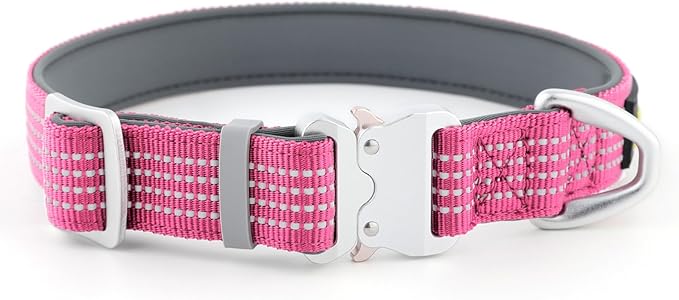 Plutus Pet Reflective Dog Collar with Aviation Aluminum Buckle, Neoprene Padded for Comfort, Lightweight, Heavy Duty Nylon Collar for Puppy Small Medium Large Dogs (Pink, S)
