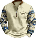 HOTYD Aztec Cowboy Jacket Men Vintage Bullhorn Printed Oversized Western Sweatshirt Long Sleeve Quarter Zip Pullover
